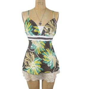 Vintage Y2K IZ Byer Cami Coastal Tropical Floral Babydoll Top Womens M/L Fairy